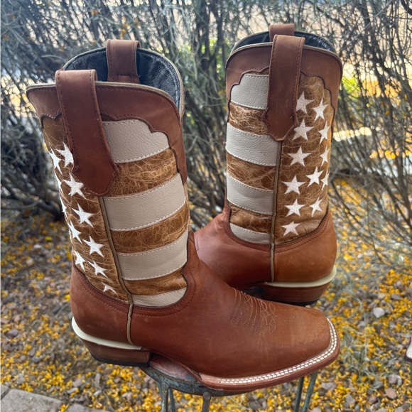 J.B. Dillon Western cowboy brown leather boots American flag 9 b - Picture 4 of 10